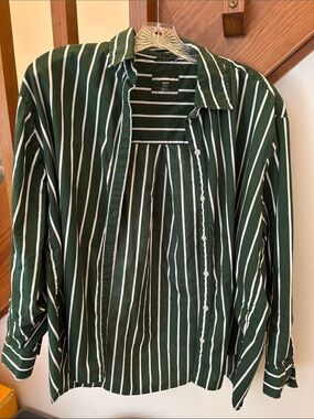 aerie Forest Green and White Vertical Stripe Button-Down Shirt